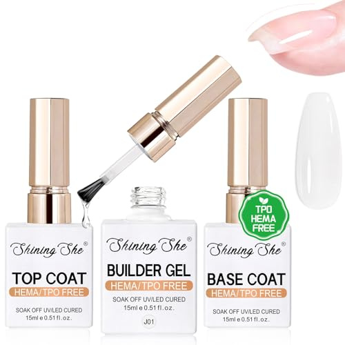 Shining She Base Coat Top Coat Gel UV & Clear Builder Gel für Nägel, 3PCS | HEMA-Free TPO-Free, Aufbaugel für Gelnägel Base Top coat Set Soak-Off UV/LED für Verlängerungsgel Verstärkungsgel, 15ML