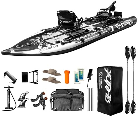 Spatium Aufblasbares SUP-Paddle-Board für Erwachsene, 27,9 x 111,8 x 10,2 cm, Angelkajak mit Premium-Zubehör, 2 Angelrutenhaltern, drehbarer Sitz, Angelpaddelbrett