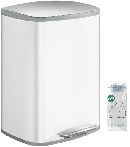 Hzuaneri Kitchen Bin 50 L, Pedal Bin with Soft-Close Lid, White | Stainless Steel Rubbish Bin with Handle, Removable Inner Buckets, 15 Inner Buckets, SW15099W