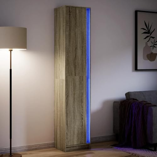 GeenYuu Highboard Sonoma-Eiche 41,5x32,5x200 cm, Holzwerkstoff, schmale Kommode mit RGB-LED-Beleuchtung, Stauraum, 2 Türen, Wohnzimmer