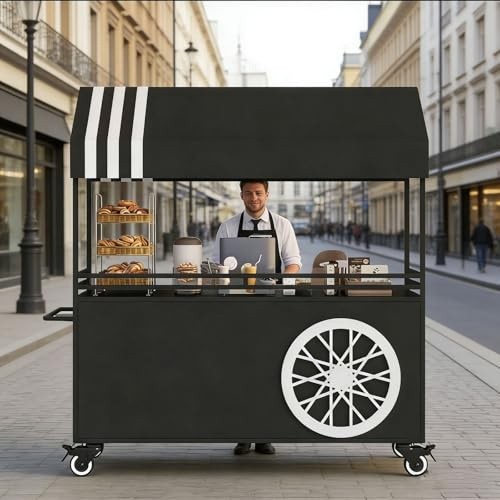 Portable Cart with Canopy, Mobile Food Display Stand with Lockable Wheels, Iron Outdoor Vendor Food Truck for Markets and Events