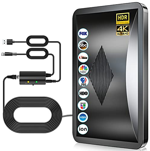 Antenna TV Interna 600KM+, Antenna TV da Interno con Amplificatore di Segnale Ultra Potente, 360° Ricezione Canali Locali HD, Compatibile con Tutti i TVs Supporta 8K, 4K, 1080P -Cavo Coassiale 10M
