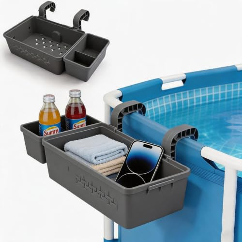 Pool Aufbewahrungskorb Set inklusive Kunststoff PoolKorb Pool Getränkehalter Hot Tub Zubehör PoolAblage Einhängen mit 2-Pools Getränkehalter Poolrandl,Organisationskorb für Brillen,Handy (Grau)