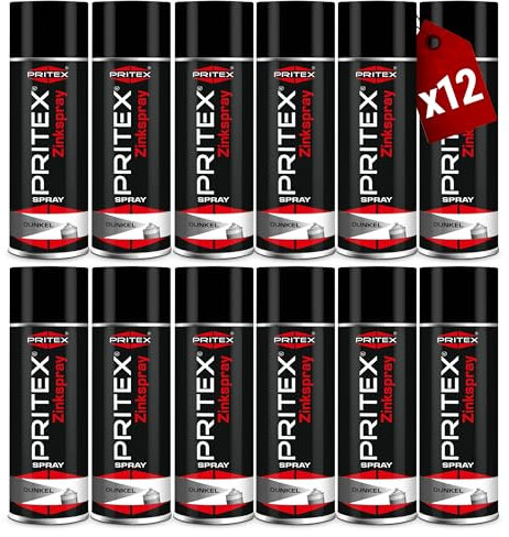 PRITEX – Zinkspray Dunkel 12 x 400 ml als Rostschutz für Metalle – Korrossionsschutz Grundierung – hitzebeständige Rostschutzfarbe bis +500°C – hervorragendes Haftvermögen & hohe Abriebfestigkeit
