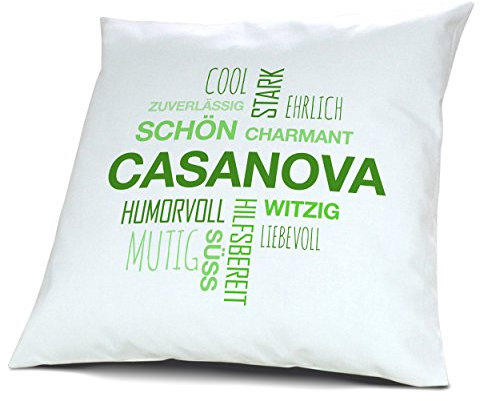 printplanet Kopfkissen mit Namen Casanova - Motiv Positive Eigenschaften Tagcloud Grün, 40 cm, 100% Baumwolle, Kuschelkissen, Liebeskissen, Namenskissen, Geschenkidee