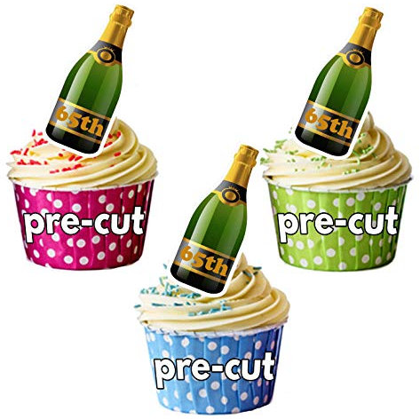 AK Giftshop PRE-CUT 65th Champagne Bottle - Edible Cupcake Toppers Birthday/Anniversary Cake Decorations (Pack of 24)
