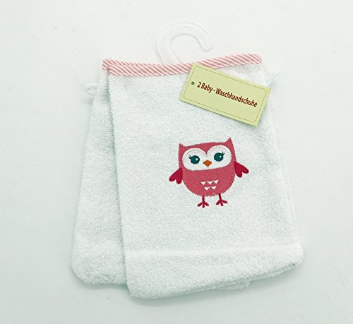 2er Set Baby Waschhandschuh Waschlappen 21x15 cm 2 Stück bestickt mit Eule in pink rosa 100% Baumwolle Hautfreundlich ÖKOTEX Typ485