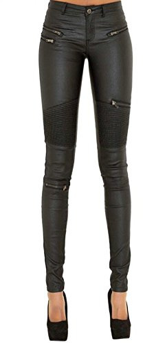 SHOWADAY Women's Sexy Stretchy PU Leather Slim Fit Rider Pants Skinny Leggings Black