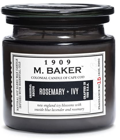 Colonial Candle M. Baker 2-Docht Duftkerze im Glas mit Deckel - Rosemary & Ivy (396g) - Der Efeu Duft gemischt mit Lavendel für dein Zuhause - Duftkerze mit bis zu 60h Brenndauer - Sojawachsmischung