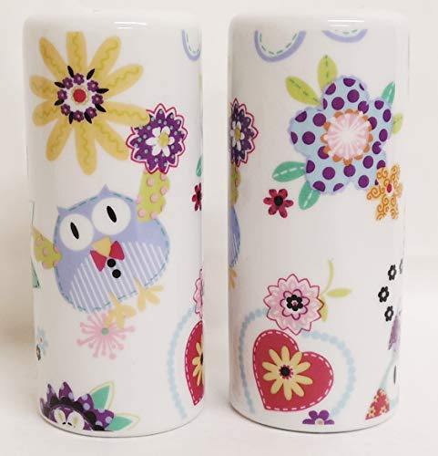 Owls & Flowers Salt & Pepper Round Porcelain Multi Colour Ceramic Cruet Set Hand Decorated in UK