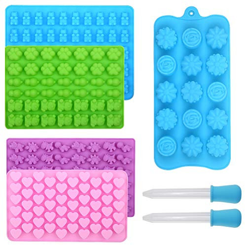 Alimat Plus Silicone Sweet Moulds with 2 Droppers, Gummy Bear & Ice Cube Trays 5 Pack 210 Gumdrops, Cute 3D Chocolate Molds Variety Shapes