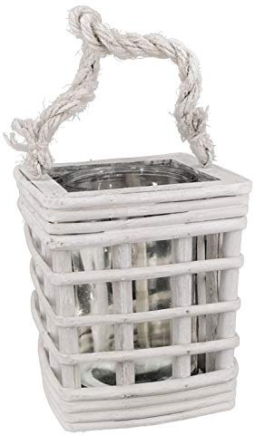 My-goodbuy24 Windlichtlaterne Laterne Rattan mit Glas-Windlicht Einsatz - Weiss - Kerzenhalter zum hinstellen (viereck)