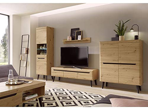 Skandinavisches Wohnwand Set, Eiche Artisan mit schwarz, MDF-Fronten, Massivholzfüße, Standvitrine mit LED, 160cm Lowboard, Highboard, Wandregal,