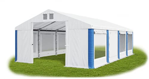 Das Company Partyzelt 5x8m Lagerzelt Universalzelt Pavillon mit Moskitonetz weiß-blau Zelt 560g/m² PVC Plane wasserdicht Hochwertigeszelt Gartenzelt Summer ISDM