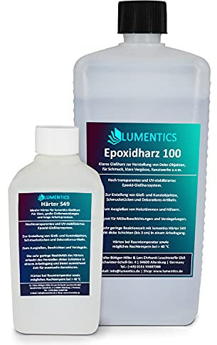 lumentics Set Gießharz mit Härter - Made in Germany - 1 kg glasklares Harz und 0,5 kg Härter - Hochtransparent und UV-Stabilisiert - Epoxidharz für Hobby, DIY, Kunst, Handwerk und vieles mehr