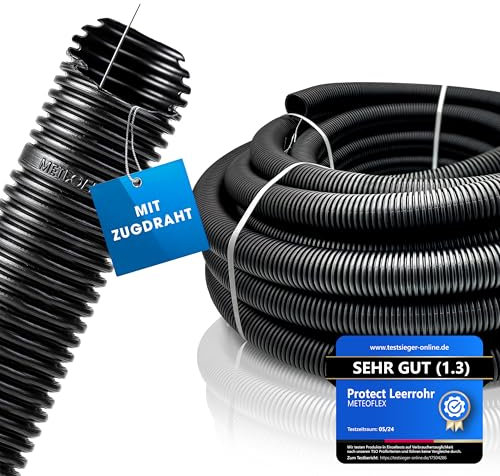 METEOFLEX PROTECT Leerrohr mit Zugdraht/Einzughilfe 750N M20 / M25 / M32 / M40 / M50 aus HDPE - Wellrohr für Erdreich, Erdverlegung, Außenbereich, Beton - hohe Druck- & Schlagfestigkeit (M20-100m)