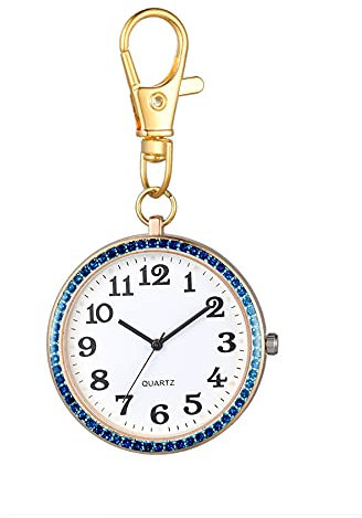 JewelryWe Karabiner Taschenuhr mit Gravur Quarz Analog Uhr Strass Quarzuhr mit Schlüsselanhänger für Ärzte Krankenschwestern Sanitäter Köche Gold Blau