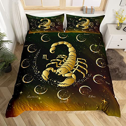 richhome Sternbild Skorpion Bettwäsche-Set,Sternengalaxie-Universum Bettwäsche Set 135x200cm,Gold Skorpion Wildtier Betten Set für Kinder Mädchen Teenager 2St.Reißverschluss Mikrofaser