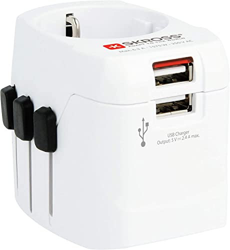 SKROSS | 1302460 | Universeller Reiseadapter 2- und 3-polig und mit 2 USB-Buchsen - Spannung und Leistung: 100 V – 630 W, 250 V – 1575 W - Anti-Elektroschock-Schutz