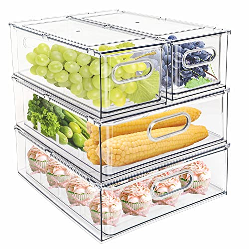 MineSign 4 Pack Stackable Refrigerator Organizer Bins with Pull-Out Drawers for Fruit and Veggies Storage, Clear Drawer Containers with Handle, Divided Organization for Produce Saver