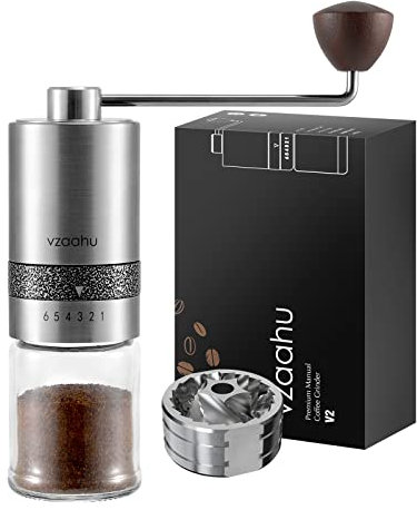 Vzaahu Manual Coffee Grinder, CNC Stainless Steel Burr Mill, 6 Coarseness Adjustable Settings, Portable Hand Coffee Grinder, Gift