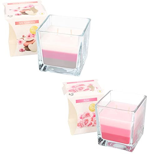 KOTARBAU® 2er Set 2-Docht Duftkerze im Glas SPA Garten Rose Zweidochtkerze dreifarbig Geschenkidee Aromatherapie Dekorations-Kerzen Brenndauer bis zu 32 Stunden
