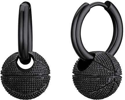 FindChic Ohrringe für Herren mit Basketball Anhänger Creolen Damen aus Edelstahl Nickelfrei als Geschenk zum Geburtstag, Weihnachten, Valentinstag Schwarz