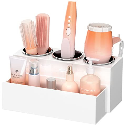 NIUBEE Haar-Werkzeug-Organizer, Acryl-Haartrockner und Styling-Halter, Badezimmer-Arbeitsplatten-Föhn-Organizer, Kosmetik-Aufbewahrungsständer für Zubehör, Make-up, Toilettenartikel (weiß)