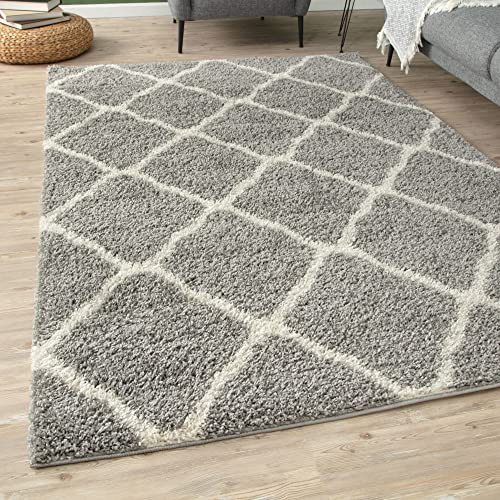 THE RUGS Shaggy Rug – Modern Moroccan Design Rugs for Living Room, Bedroom, Hallway, 3 cm Thick Area Rugs, (Moroccan Grey/Ivory, 60x110cm)