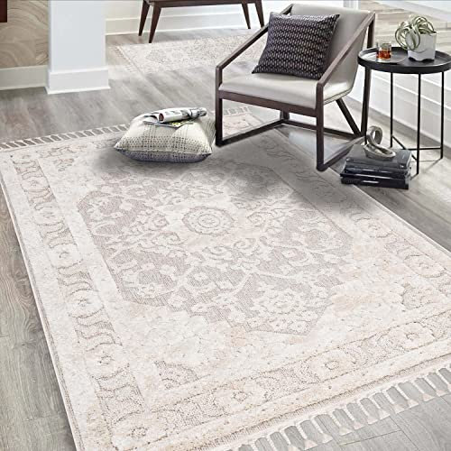 carpet city Teppich Wohnzimmer Boho-Stil Creme - 120x170 cm - Ornamente, Bordüre - Relief-Optik, 3D-Effekt - Cut-&Loop, Sisal - Moderne Fransen-Teppiche Schlafzimmer