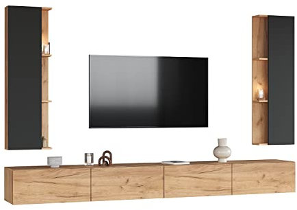 Planetmöbel TV Wohnwand Wohnzimmer 2X 140 cm Gold Eiche, mit 2X 40cm Seitenschränken Gold Eiche/Anthrazit