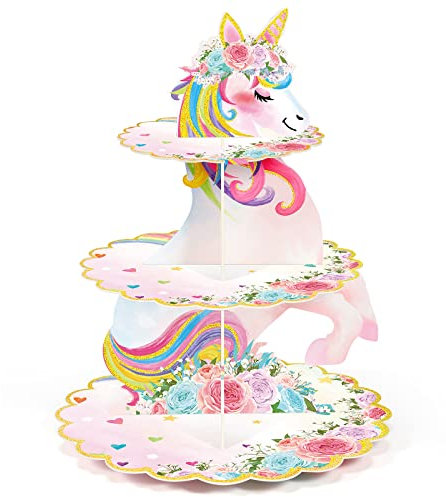 3 Tier Unicorn Cupcake Stand Party Decorations Rainbow Unicorn Birthday Cupcake Holder Dessert Tower for Kids Party Baby Shower Wedding Family, Cute Color