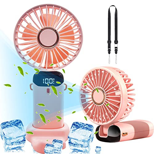QeeFop 4000mAh Tischventilator Akku Aufladbar Handventilator 5-Gang Tischventilator Sehr Leise 90° Faltbar Mini Ventilator Klein Mit Telefonhalter für Reisen, Büro (Rosa)