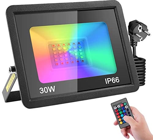RGB LED Strahler mit Stecker 30W,LED Fluter mit Fernbedienung & Memory-Funktion,16 Farben 4 Modi Farbwechsel Flutlichtstrahler,IP66 Wasserdicht LED Außenstrahler für Garten Party Stimmungslichter