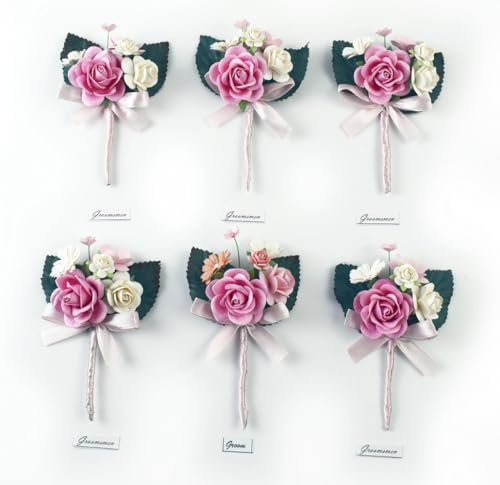 KADADSA Set mit 6 Ansteckblumen für Männer für Hochzeit, Bräutigam, Trauzeugen, Rosen, künstliche Blumen für Jahrestag, formelle Dinner-Party, Hochzeitszeremonie (Rosa)