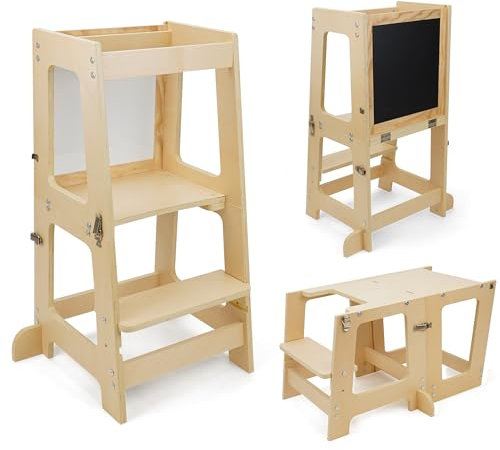 509 Prema 3IN1 Lernturm mit Tafel, für Kinder, Hochwertig, Kinderküchenhelfer, Montessori, Tritthocker, Verwandelbar in Kindertisch und -Stuhl, Sicherheit, Multifunktion