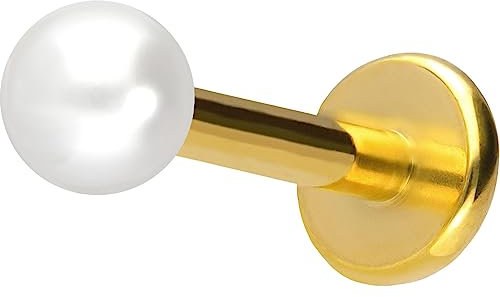 PIERCINGLINE Titan Labret mit Push Fit SYNTHETISCHE PERLE Piercing Ohr Helix Conch Tragus Goldfarben 1,2x6x3 mm