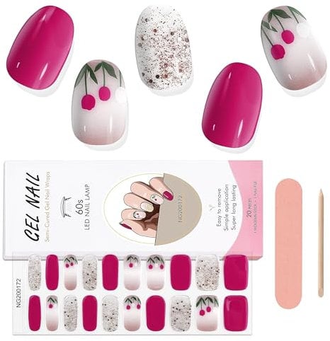 EBANKU 20PCS Gel Nail Stickers, Glitter Rose Red Gel Nail Strips Long Lasting Gel Strips for Nails UV Gel Nail Stickers with Nail File & Wooden Stick for Women Manicure