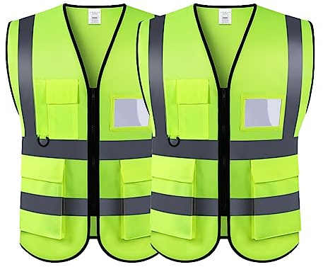 2 Peizas Chaleco de Seguridad Reflectante Malla Alta Visibilidad Ropa de Trabajo Gerente Ejecutivo Chaqueta de Chaleco Cremallera Brace Seguridad Teléfono móvil Titular de ID de Bolsillo