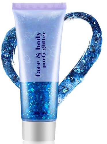 Face & Body Party Glitter, Blue Face Glitters Holographic Sparkling Lotion, Body Gel Liquid Eyeshadow Sequins Glitter for Eye Hair Nail DIY Art,Suitable for Makeup Cosplay Festivals-50ml