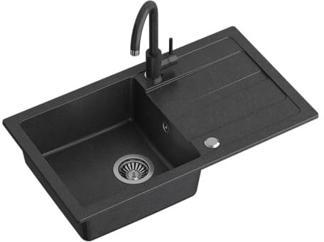 QUADRON évier cuisine granit | Taille 77 x 44 x 17,6 cm Noir | GO MAX évier granit évier simple bassin | évier encastré avec robinet de cuisine | évier monocuve évier de cuisine