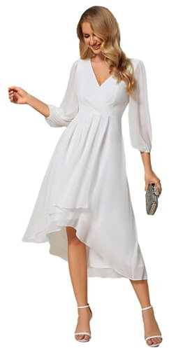 Ever-Pretty Women's V Neck 3/4 Sleeves Pleated A-Line Champagne Bridesmaid Dresses Wedding Guest White 14UK