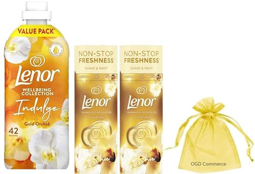 Lenor Fabric Conditioner Wellbeing Collection 42 Washes, 1.386L + Lenor in Wash Scent Booster Beads, 2 Pk x 176 gr, Gold Orchid Bundle Scent + for You: Organza Small Bag