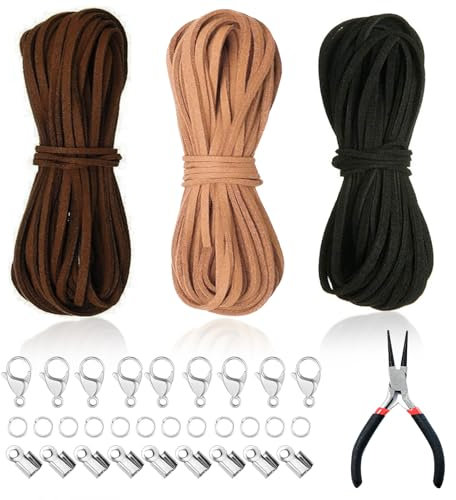 FINEASY 3 Stück Lederband 3mm, 30m Lederband Kette Klassik Basteln Lederschnur, Lederbänder für Ketten, Lederriemen Meterware Lederband Schwarz mit Verschluss, Lederschnüre für DIY Armband Halskette