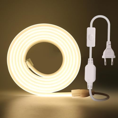KISUFU 220V COB LED Strip mit Schaltstecker 4M,288 LEDs/m Flexible Hohe Dichte CRI≥85 FCOB LED Streifen,Led Band IP65 Wasserdichte Superhell LED Lichtband für Schlafzimmer, Schrankbeleuchtung