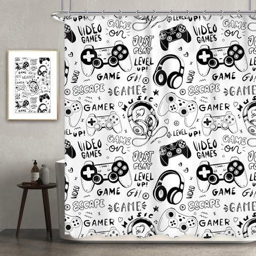 Newsely Gamer Duschvorhang für Jungen, 152,4 x 183,9 cm, Videospiele, Teenager, Kinder, schwarz-weiß, Graffiti, Gamepad, Controller, Duschvorhang, Badezimmer-Set, cool, wasserdicht, Baddekoration,