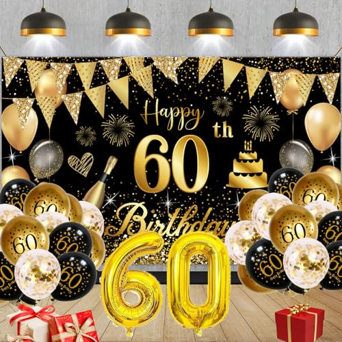 60 Geburtstag Deko, Deko 60 Geburtstag Frauen Mann, Groß Banner und Schwarz Gold, für Frau Mann Deko 60. Deburtstag