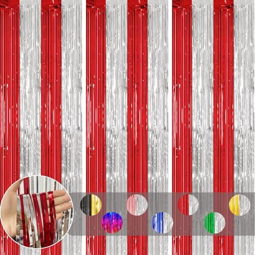 3pcs Tinsel Curtain Red Silver Glitter Foil Door Curtain Party Backdrop,3.2x6.5ft Metallic Foil Fringe Curtain Party Streamers Shimmer Curtain Tassel Backdrop Decorations for Birthday Christmas Party