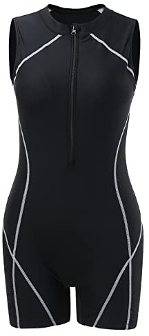 QWUVEDS Tankini Sportlich Badeanzug Mit Reißverschluss Damen Frauen Damen Badeanzug Boyshort Kurzarm Rashguard Kontrast Linie Schnorchel Surf Sport Badeanzug Bikini Umstandsmode (Black, XL)