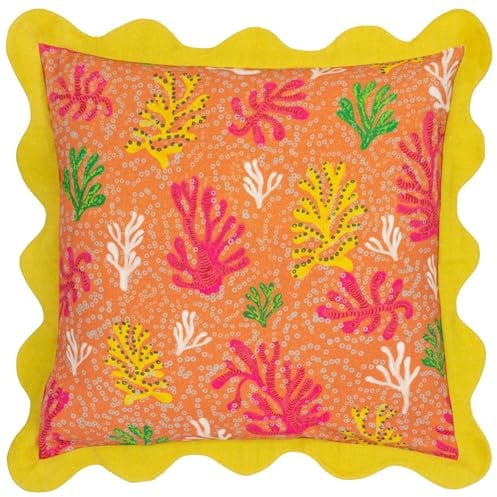 furn. Coral Cushion Cover – Coastal Reef Scalloped Trim Decorative Case (Citronelle – 50x50cm)